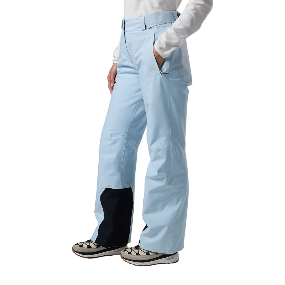 Side view of blue aura Rossignol Women’s Insulated Ski Pants featuring waterproof membrane fabric, synthetic insulation, adjustable waist tabs, integrated boot gaiters, and reinforced hem scuff guards.