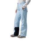 Side view of blue aura Rossignol Women’s Insulated Ski Pants featuring waterproof membrane fabric, synthetic insulation, adjustable waist tabs, integrated boot gaiters, and reinforced hem scuff guards.