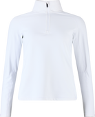 Front view of a white Rossignol Women’s Midlayer Stretch 1/2 Zip Sweater featuring multi-directional stretch knit, thermal fleece interior, deep half-zip front zipper, and an ergonomic stand-up collar.