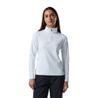 Front view of a white Rossignol Women’s Midlayer Stretch 1/2 Zip Sweater featuring multi-directional stretch knit, thermal fleece interior, deep half-zip front zipper, and an ergonomic stand-up collar.