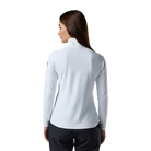 Rear view of a white Rossignol Women’s Midlayer Stretch 1/2 Zip Sweater featuring multi-directional stretch knit, thermal fleece interior, deep half-zip front zipper, and an ergonomic stand-up collar.