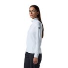 Side view of a white Rossignol Women’s Midlayer Stretch 1/2 Zip Sweater featuring multi-directional stretch knit, thermal fleece interior, deep half-zip front zipper, and an ergonomic stand-up collar.