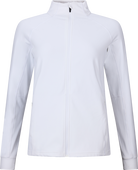 Front view of a white Rossignol Women’s Midlayer Stretch Jacket featuring multi-directional stretch fabric, a thermal fleece interior, full-length front zipper, and zippered hand pockets.