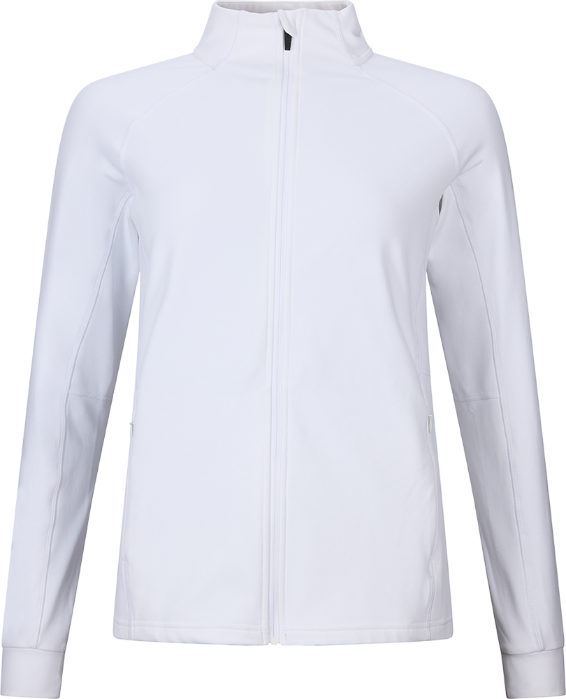 Front view of a white Rossignol Women’s Midlayer Stretch Jacket featuring multi-directional stretch fabric, a thermal fleece interior, full-length front zipper, and zippered hand pockets.