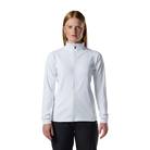 Front view of a white Rossignol Women’s Midlayer Stretch Jacket featuring multi-directional stretch fabric, a thermal fleece interior, full-length front zipper, and zippered hand pockets.