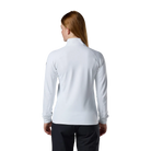 Rear view of a white Rossignol Women’s Midlayer Stretch Jacket featuring multi-directional stretch fabric, a thermal fleece interior, full-length front zipper, and zippered hand pockets.