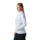 Side view of a white Rossignol Women’s Midlayer Stretch Jacket featuring multi-directional stretch fabric, a thermal fleece interior, full-length front zipper, and zippered hand pockets.