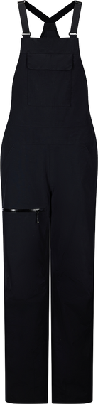 Front view of black Rossignol Women’s Outerlimits Insulated Bib Pants featuring high-chest bib construction, waterproof membrane fabric, adjustable suspenders, zippered inner thigh vents, integrated boot gaiters, and reinforced hem scuff guards.