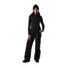Front view of black Rossignol Women’s Outerlimits Insulated Bib Pants featuring high-chest bib construction, waterproof membrane fabric, adjustable suspenders, zippered inner thigh vents, integrated boot gaiters, and reinforced hem scuff guards.