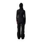 Rear view of black Rossignol Women’s Outerlimits Insulated Bib Pants featuring high-chest bib construction, waterproof membrane fabric, adjustable suspenders, zippered inner thigh vents, integrated boot gaiters, and reinforced hem scuff guards.