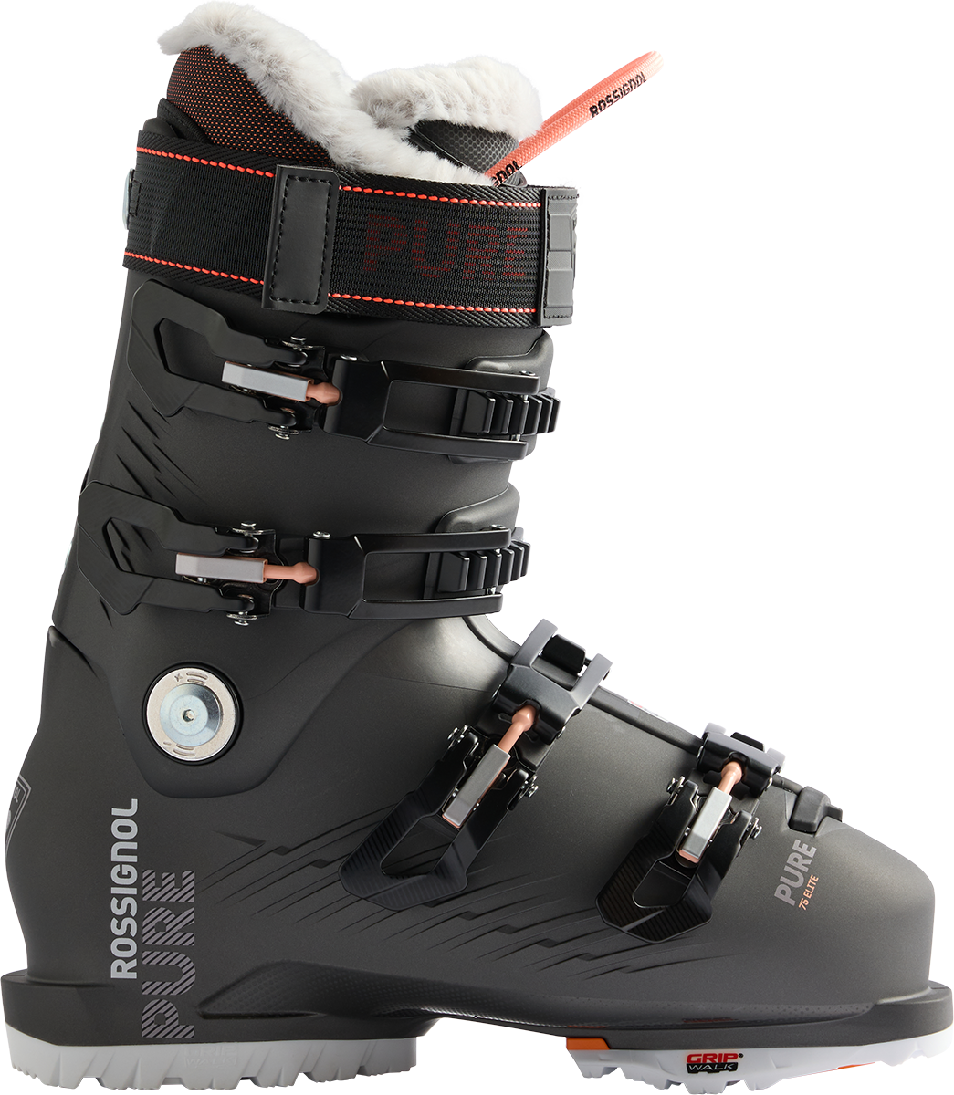 Rossignol Women's Pure 75 Elite GW Ski Boots 2027 featuring a low-volume fit, 75 flex, four-buckle closure, and GripWalk soles.