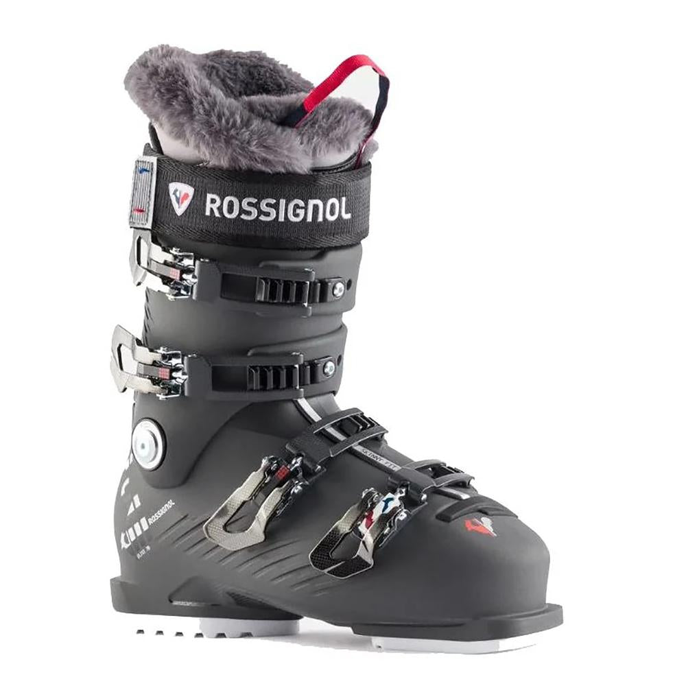 A Rossignol Pure Elite 70 women's ski boot that features a 98mm narrow last, progressive 70 flex, Sensor Blade shell, and warm WinTherm insulation.