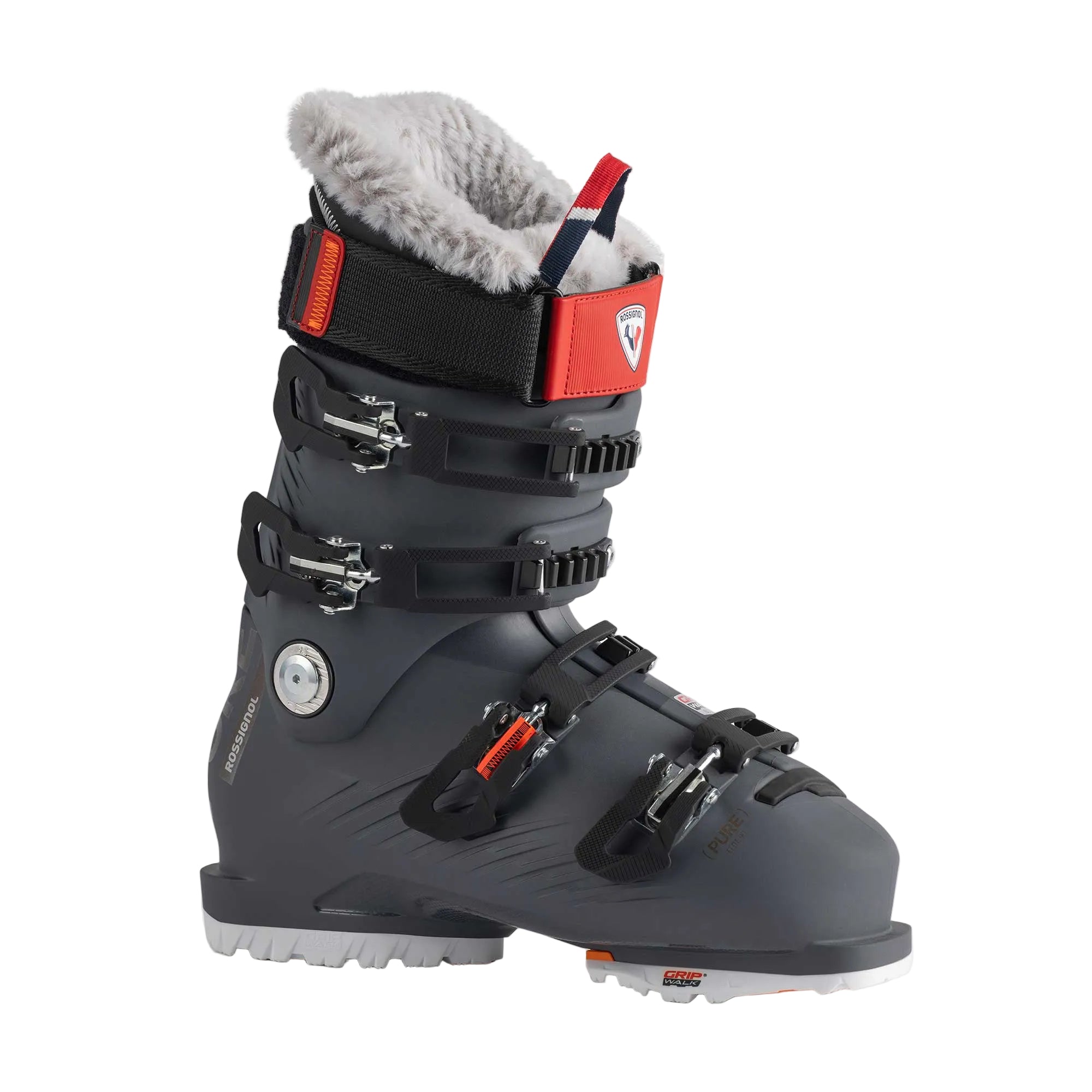 A grey Rossignol Women's Pure Elite 90 ski boot that features a low-volume fit and GripWalk soles.