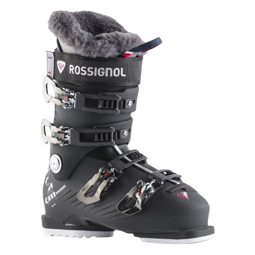 A pair of Rossignol Pure Pro 80 ski boots with a black shell and gray lining, designed for women.