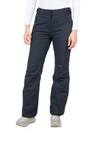  A woman wearing a pair of black Rossignol Women's Ski Pants that are waterproof, breathable, stretchable, and insulated.