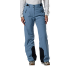 Front view of the blue aura Rossignol Women’s Strawpile Insulated Pants featuring waterproof membrane fabric, recycled synthetic insulation, adjustable waist tabs, integrated boot gaiters, and reinforced hem scuff guards.