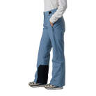 Side view of the blue aura Rossignol Women’s Strawpile Insulated Pants featuring waterproof membrane fabric, recycled synthetic insulation, adjustable waist tabs, integrated boot gaiters, and reinforced hem scuff guards.