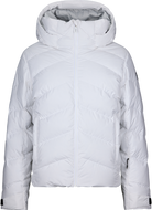 Front view of a white Rossignol Women’s Wispile Ripstop Down Jacket featuring high-loft baffled down insulation, durable ripstop outer fabric, insulated hood, and zippered handwarmer pockets.