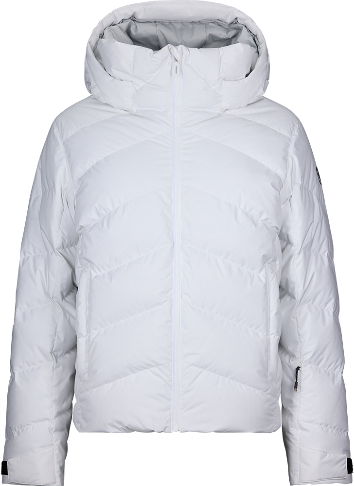 Front view of a white Rossignol Women’s Wispile Ripstop Down Jacket featuring high-loft baffled down insulation, durable ripstop outer fabric, insulated hood, and zippered handwarmer pockets.