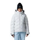 Front view of a white Rossignol Women’s Wispile Ripstop Down Jacket featuring high-loft baffled down insulation, durable ripstop outer fabric, insulated hood, and zippered handwarmer pockets.
