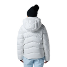 Rear view of a white Rossignol Women’s Wispile Ripstop Down Jacket featuring high-loft baffled down insulation, durable ripstop outer fabric, insulated hood, and zippered handwarmer pockets.
