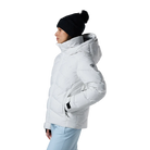 Side view of a white Rossignol Women’s Wispile Ripstop Down Jacket featuring high-loft baffled down insulation, durable ripstop outer fabric, insulated hood, and zippered handwarmer pockets.