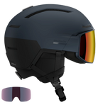 A Salomon Driver Prime Sigma Plus Mips Helmet showing a hybrid shell with top ventilation ports, an integrated mirrored visor lens with a gradient tint, padded ear covers, and an adjustable chin strap system.