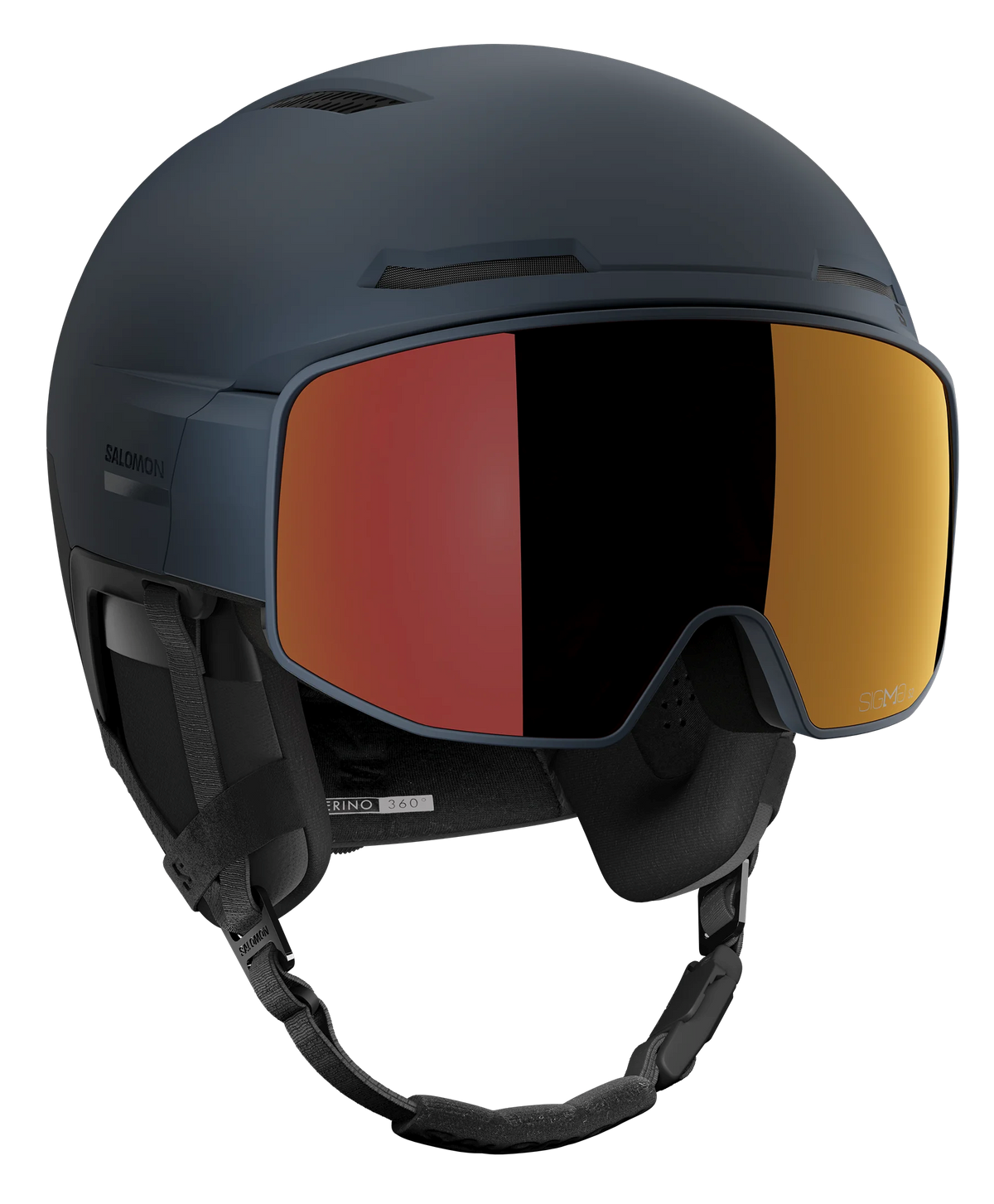 A Salomon Driver Prime Sigma Plus Mips Helmet showing a hybrid shell with top ventilation ports, an integrated mirrored visor lens with a gradient tint, padded ear covers, and an adjustable chin strap system.
