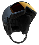 A Salomon Driver Prime Sigma Plus Mips Helmet showing a hybrid shell with top ventilation ports, an integrated mirrored visor lens with a gradient tint, padded ear covers, and an adjustable chin strap system.