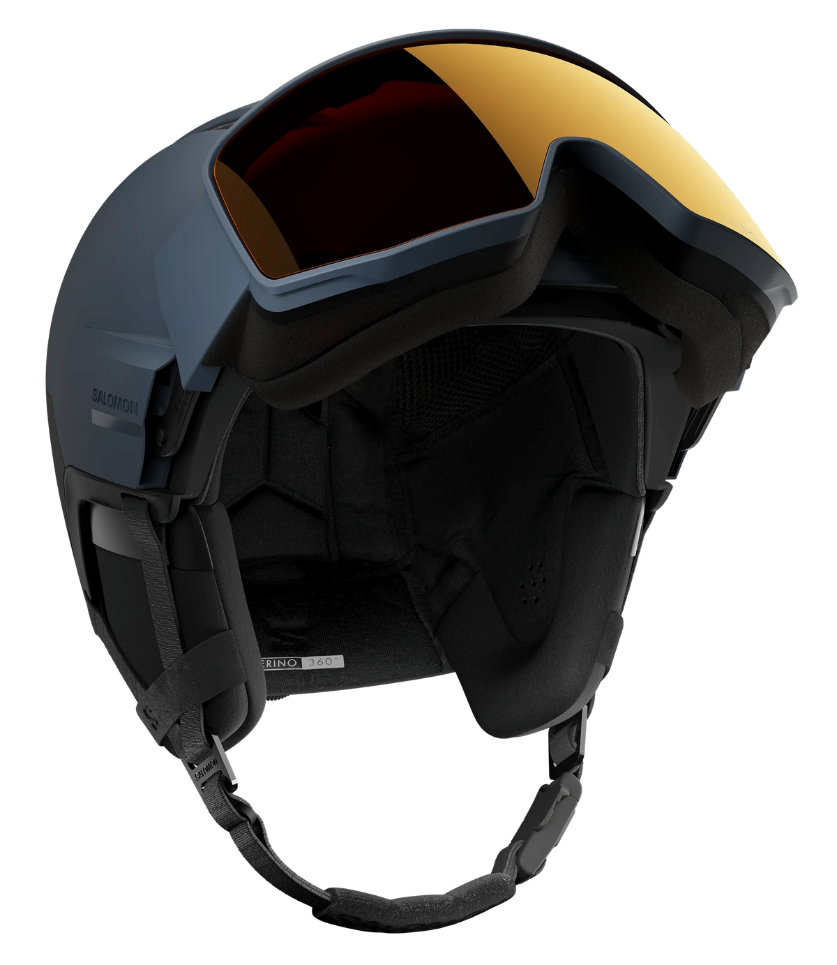 A Salomon Driver Prime Sigma Plus Mips Helmet showing a hybrid shell with top ventilation ports, an integrated mirrored visor lens with a gradient tint, padded ear covers, and an adjustable chin strap system.