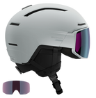 Salomon Driver Prime Sigma Plus Mips Helmet showing a hybrid shell with top ventilation ports, an integrated mirrored visor lens with a gradient tint, padded ear covers, and an adjustable chin strap system.