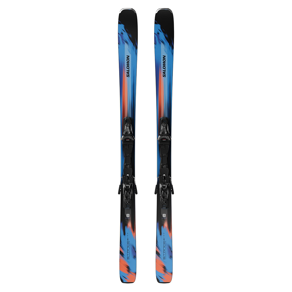 A pair of black and blue Salomon E Stance 84 R Skis that are designed for all-mountain terrain.