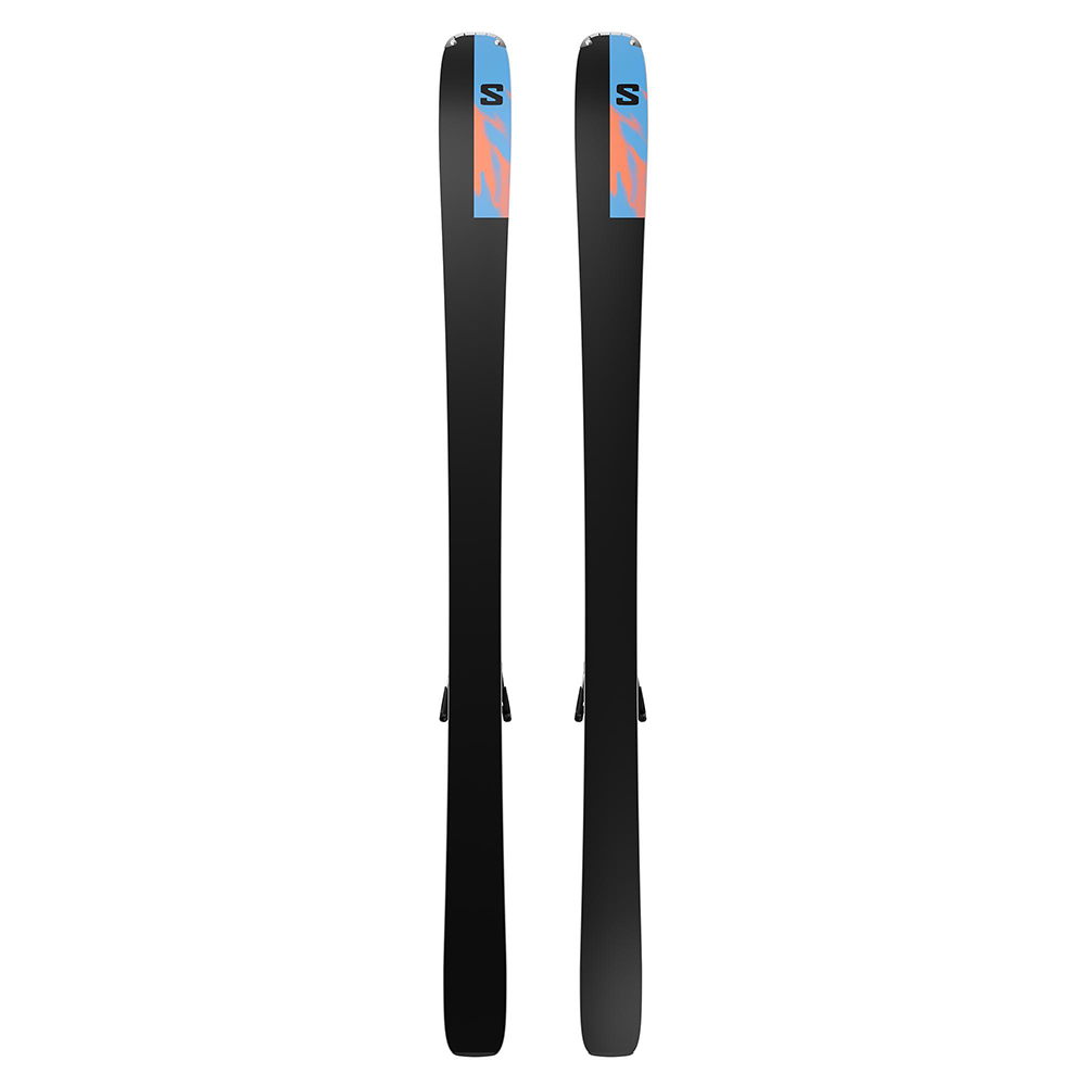 A pair of black and blue Salomon E Stance 84 R Skis that are designed for all-mountain terrain.