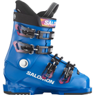 A Salomon Equipe 60T L ski boot in vibrant blue with black buckles and straps, accented by pink and orange graphics, featuring a 60 flex rating.