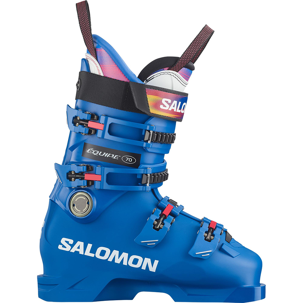 A Salomon Equipe 70 ski boot in vibrant blue, featuring white brand lettering, black buckles, and a 70 flex rating.