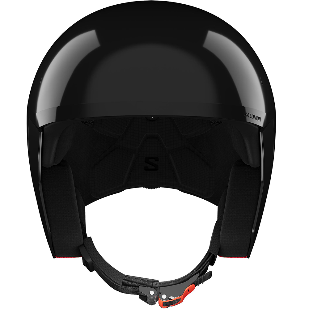 A black Salomon Equipe Pro FIS MIPS ski helmet that is designed for ski racing.