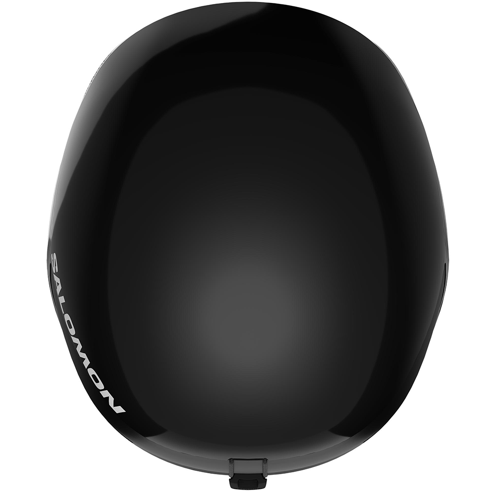 A black Salomon Equipe Pro FIS MIPS ski helmet that is designed for ski racing.