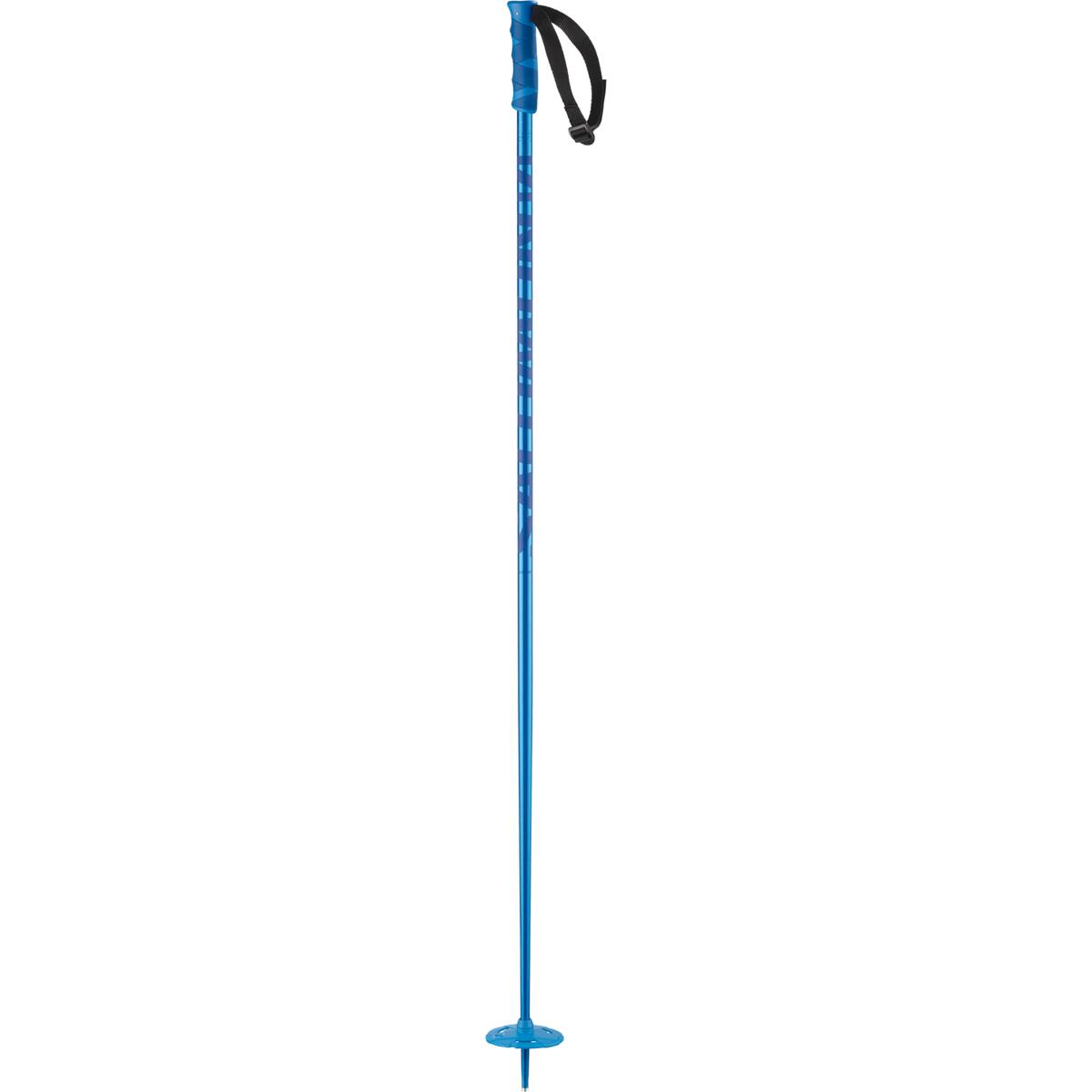 A blue Salomon Hacker Ski Pole that is designed for for deep-snow and all-mountain use, featuring a durable aluminum shaft and wide powder basket.