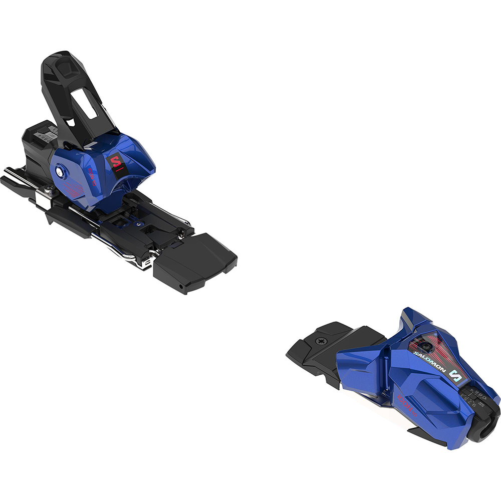 A blue and black Salomon N Icon 10 Race Binding that is designed to attach to Salomon race skis.