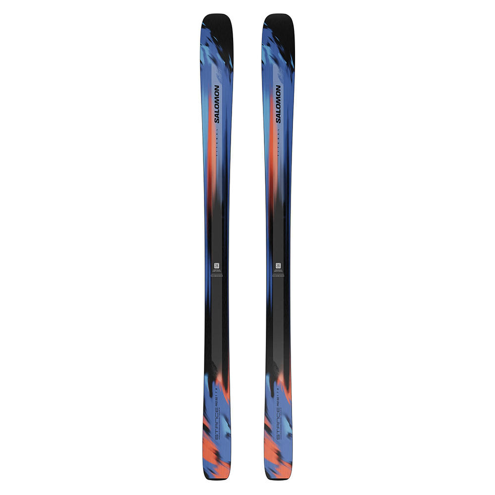A pair of black and blue Salomon N Stance Pro 90 Skis that feature a 90mm waist, full rocker tips and tails, and are designed for all-mountain skiing.