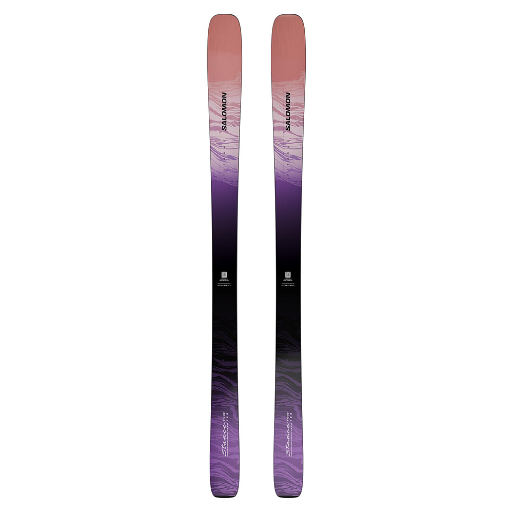 A pair of Salomon N Stance Pro W 88 women's all-mountain skis with a pink-to-purple-to-black gradient design, shown vertically.