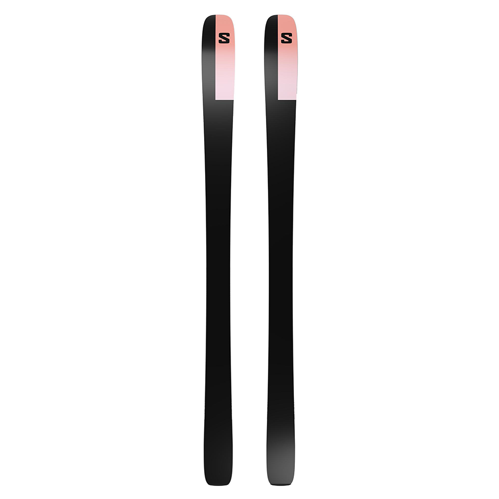 A pair of Salomon N Stance Pro W 88 women's all-mountain skis with a pink-to-purple-to-black gradient design, shown vertically.