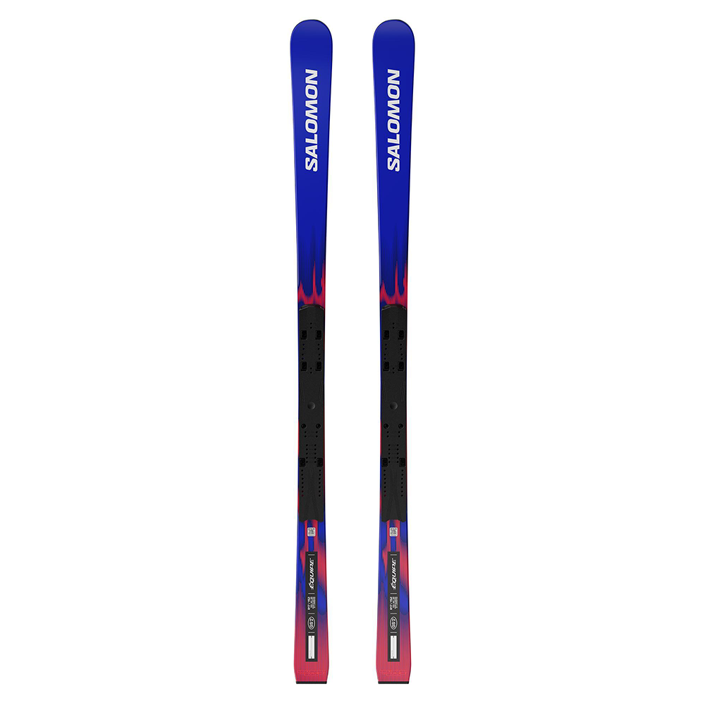 A pair of Salomon Ni Equipe FIS GS Jr 152-166 race skis shown vertically, featuring a blue and black design with pink flame-like accents and white Salomon branding.