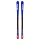 A pair of Salomon Ni Equipe FIS GS Jr 152-166 race skis shown vertically, featuring a blue and black design with pink flame-like accents and white Salomon branding.