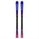 A pair of Salomon NI Equipe FIS SL 150 Race skis with black bases, featuring blue and pink flame-like graphics and white Salomon branding.