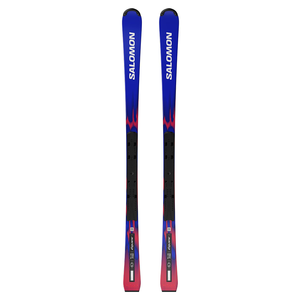 A pair of Salomon NI Equipe FIS SL JR 145 race skis with a blue, black, and red flame design, shown vertically.