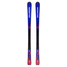 A pair of Salomon NI Equipe FIS SL JR 145 race skis with a blue, black, and red flame design, shown vertically.