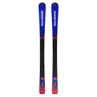 A pair of Salomon Ni Equipe FIS SL Jr 124-138 race skis shown vertically, featuring a blue and black design with pink flame-like accents and white Salomon branding.