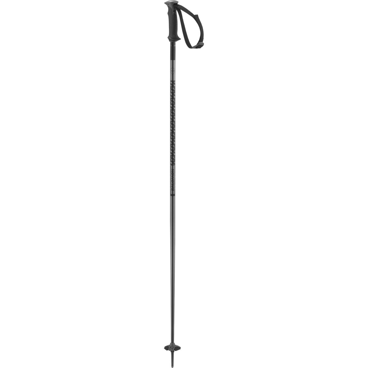 A black and silver Salomon Polar Ski Pole that features a durable and light weight aluminum shaft as well as an all-mountain basket.