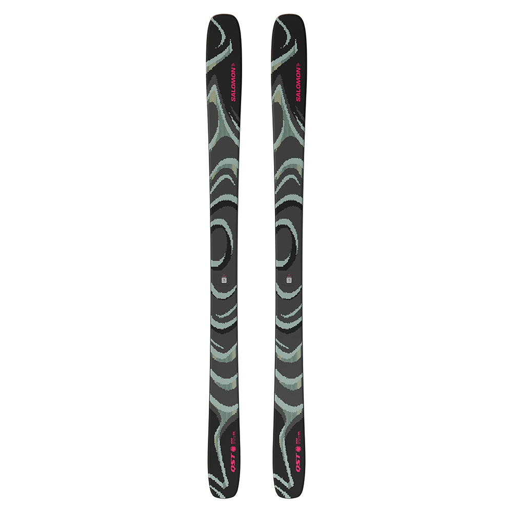 A pair of black 2027 Salomon QST 100 Skis that are designed for all-mountain and freeride skiing.
